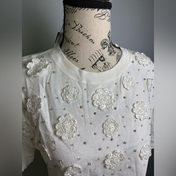 J.Crew Cropped T-shirt with crochet floral appliqués NWT Size S - Picture 4 of 10